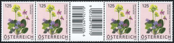 ANK 2660 ZW – Österreich 2007 – 125 Cent „Blumen: Seidelbast / Leberblümchen / Schlüsselblume“ – oberes waagrechtes Zwischenstegpaar