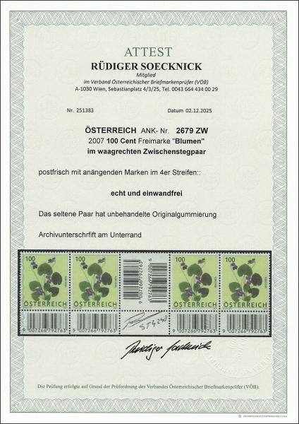 ANK 2679 ZW – Österreich 2007 – 100 Cent „Blumen: Veilchen“ – seltenes unteres Zwischenstegpaar