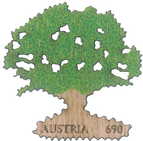 ANK 3381 Österreich 2017 – Eiche – Selbstklebende Holz-Sondermarke mit Siebdruck, Lasercut und Laserbranding