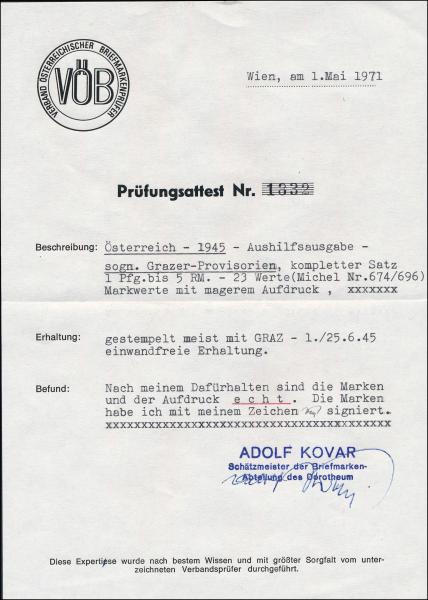 ANK 674 - 692 Grazer Aushilfsausgabe 1945 alle Werte, gestempelt