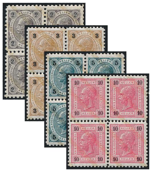 ANK 085, 86, 87 & 89 Österreich 1901/1902 – Friedl-Zähnungen – 4er-Block-Satz – selten