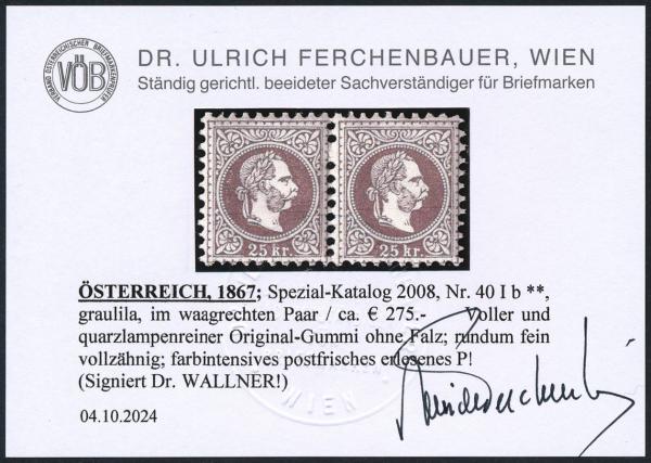 ANK 040 I b AUSTRIA, 1867; No. 40 I b **, gray lilac, in a horizontal pair