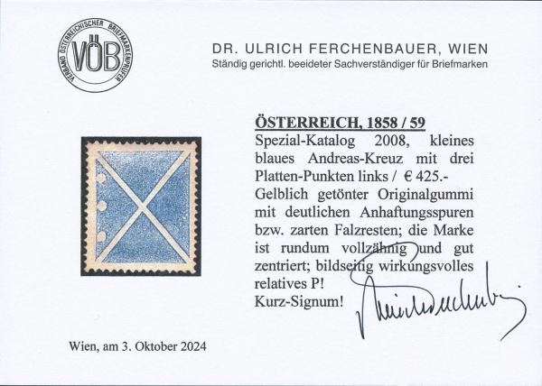 ANK AUSTRIA, 1858/59 Small blue St. Andrew’s Cross with three plate dots on the left