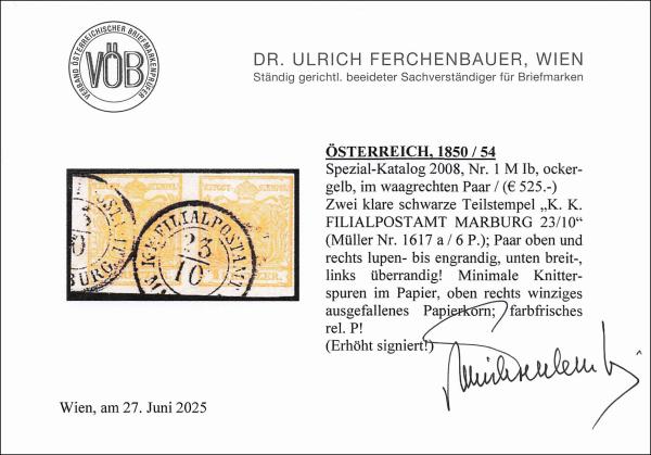 ANK 001 Type M I 1 Kreuzer 1850/54 in horizontal pair