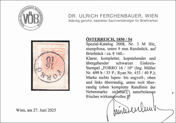 ANK 003 Type M III 3 Kreuzer 1850/54 on piece