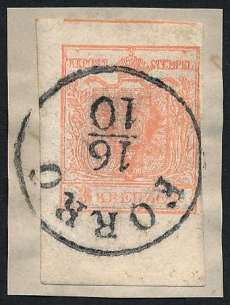 ANK 003 Type M III 3 Kreuzer 1850/54 on piece