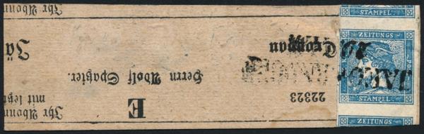 ANK 006 Type III Newspaper Tax Stamp 1851 on newspaper band fragment