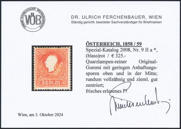 ANK LV 009 II a 5 SOLDI ÖSTERREICH, 1858/59 Nr. 9 II a *, (hell)rot