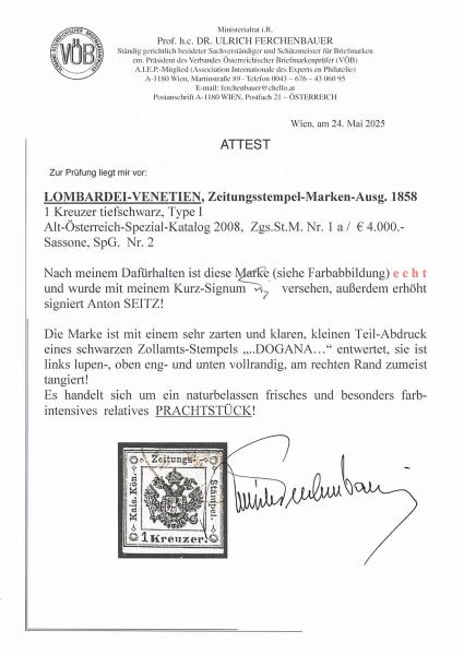 ANK LV 1 Lombardy–Venetia Newspaper Tax Stamp 1 Kreuzer 1858
