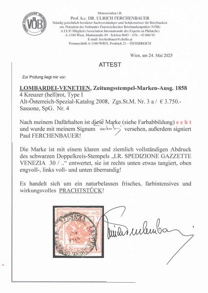 ANK LV 1 Lombardy–Venetia Newspaper Tax Stamp 4 Kreuzer Type I 1858