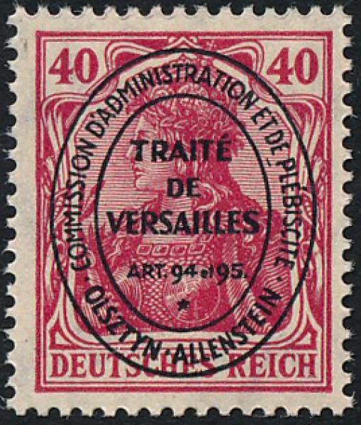 Allenstein 1920 Nicht verausgabte Marke – Germania 40 Pf rot Sonderaufdruck „TRAITÉ DE VERSAILLES“