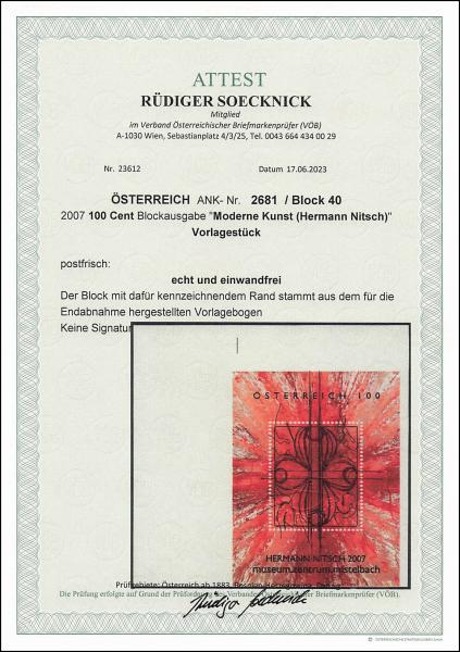 ANK 2681 / Block 40 2007 100 Cent Blockausgabe „Moderne Kunst (Hermann Nitsch)“ Vorlagestück