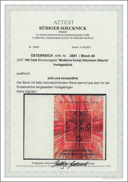 ANK 2681 / Block 40 2007 100 Cent Blockausgabe „Moderne Kunst (Hermann Nitsch)” Vorlagestück