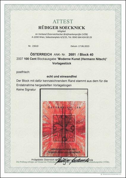 ANK 2681 / Block 40 2007 100 Cent Blockausgabe „Moderne Kunst (Hermann Nitsch)” Vorlagestück