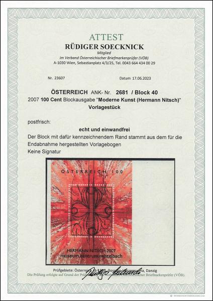 ANK 2681 / Block 40 2007 100 Cent Blockausgabe „Moderne Kunst (Hermann Nitsch)“ Vorlagestück