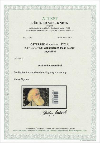 ANK 2702 U 2007 75 C. “100. Geburtstag Wilhelm Kienzl” ungezähnt