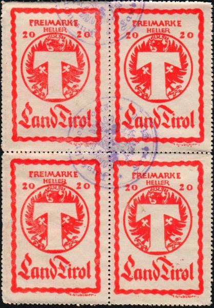 Block of 4 Parcel Control Stamps Tyrol 20 Heller