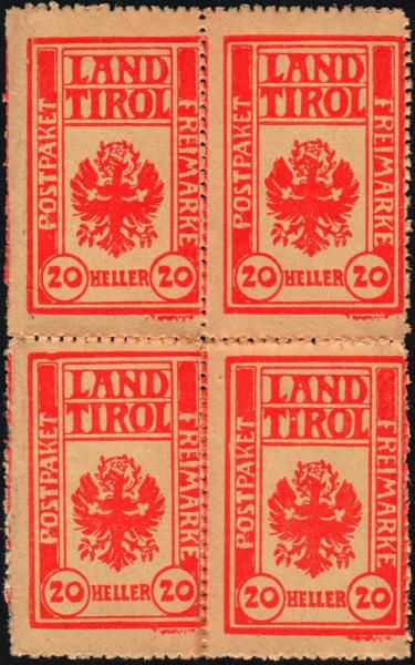 Block of 4 Parcel Control Stamps Tyrol 20 Heller