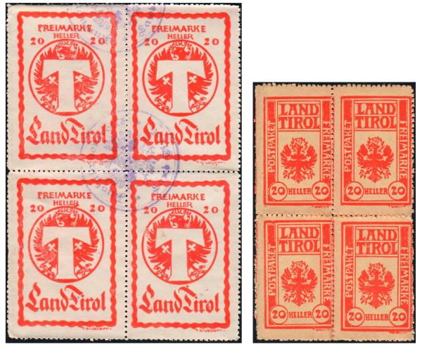 Block of 4 Parcel Control Stamps Tyrol 20 Heller