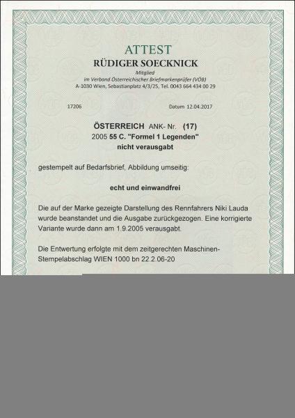 ANK-Nr. (17) 2005 55 C. „Formel 1 Legenden“ nicht verausgabt auf Brief