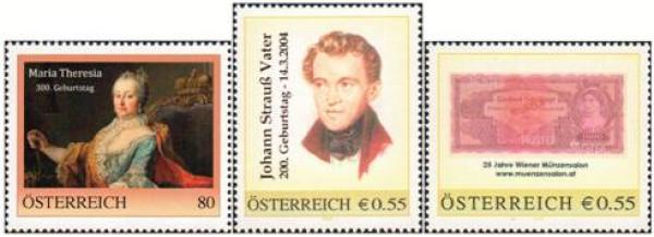 3 pers. Stamps M. Theresia, J. Strauss and banknote