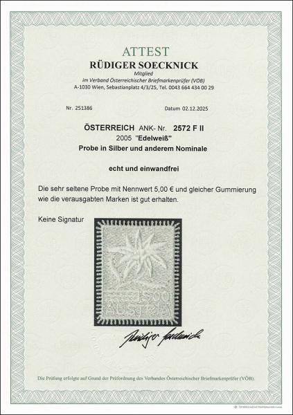 ANK 2572 F II – Austria 2005 – ESSAY “Edelweiss” – €5.00 – silver printing – rare trial denomination