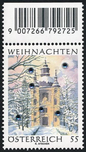 ANK 2653 V 24.11.2006 55 C. „Weihnachten 2006“ Versuchsmarke mit 6 Swarovski-Kristallen Randstück oben