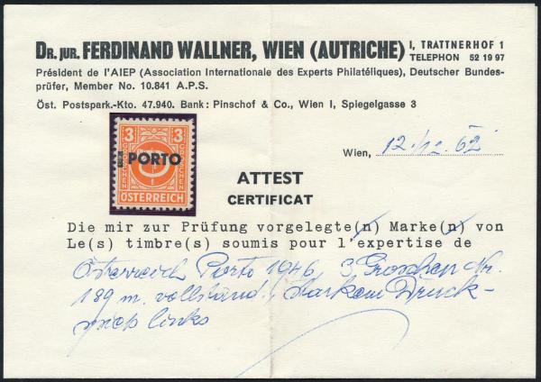 ANK 189 – Austria 1946 – Postage Due Stamp 3 Groschen with black overprint “PORTO” – certified by Wallner