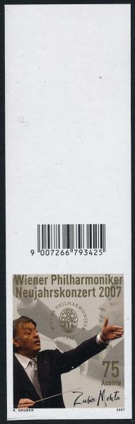 ANK 2657 U 2007 75 Cent „Neujahrskonzert 2007“ ungezähnt Randstück oben