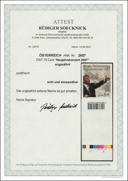 ANK 2657 U 2007 75 Cent „Neujahrskonzert 2007“ ungezähnt Randstück unten