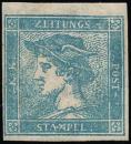 ANK 006 I b AUSTRIA, Newspaper Stamp Issue 1851 (0.6 Kreuzer or 3 Centesimi), light blue, ribbed paper, unused